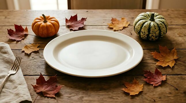 Autumn table setting with pumpkins and fall leaves decor