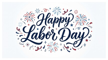 Fototapeta premium Happy labour day festive greeting card design with elegant calligraphy and colorful firework illustrations on a white background