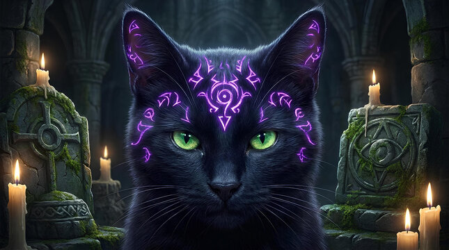 Black cat with glowing purple runes in mystical temple.