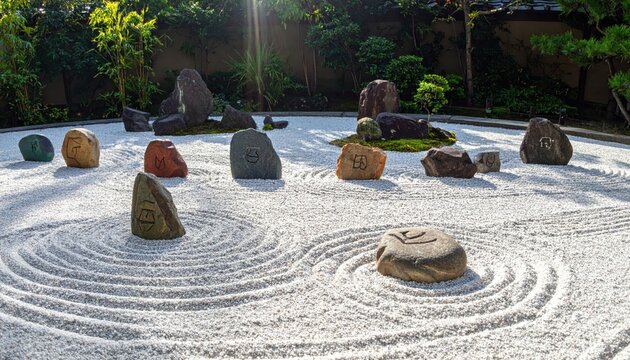 Tranquil Japanese Zen Garden with Raked Sand and Arranged Stones