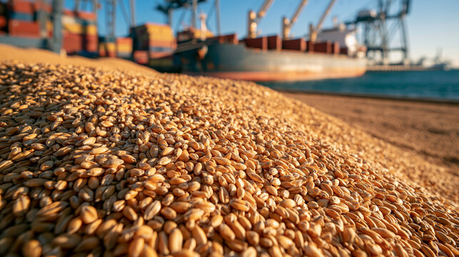 A large pile of golden wheat grains at a busy shipping port. Ideal for global food security and agriculture trade.