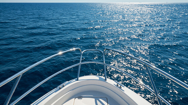 View from the bow of a speedboat cruising on the open blue ocean. Perfect for summer travel and nautical vacation.