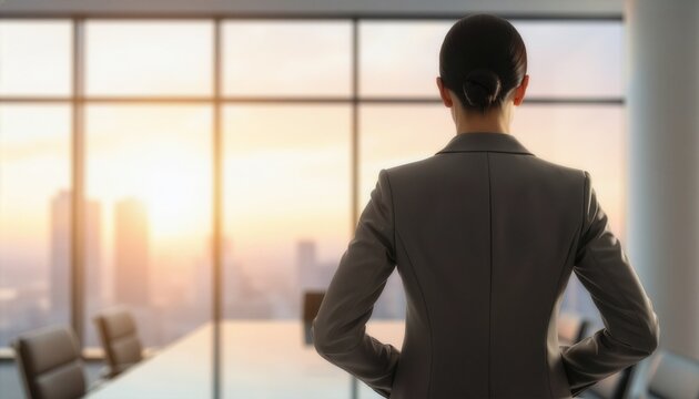 Rear view of a confident businesswoman looking out of a modern high-rise office window at sunrise, symbolizing future corporate vision, leadership, and successful business strategy