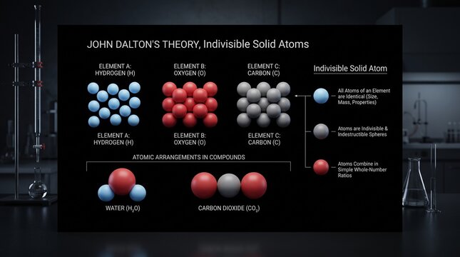 John Dalton's atomic theory model. Infographic of indivisible atoms
