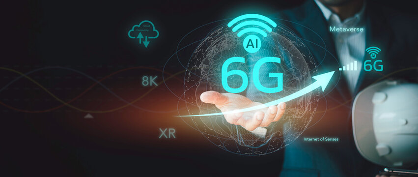 Businessman presenting 6G network technology with global internet connectivity. Concept of cloud computing, AI integration, metaverse, XR, 8K streaming, and next generation telecommunication.