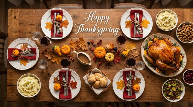 Top view of a rustic wooden table set for a festive thanksgiving dinner with traditional holiday food