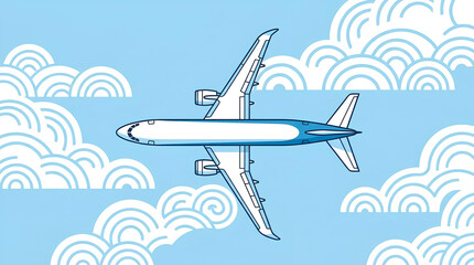Naklejka premium Airplane flying through stylized white clouds in blue sky.
