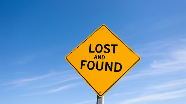 A yellow diamond road sign displays Lost and Found text against a blue sky. Concept for locating missing items or.