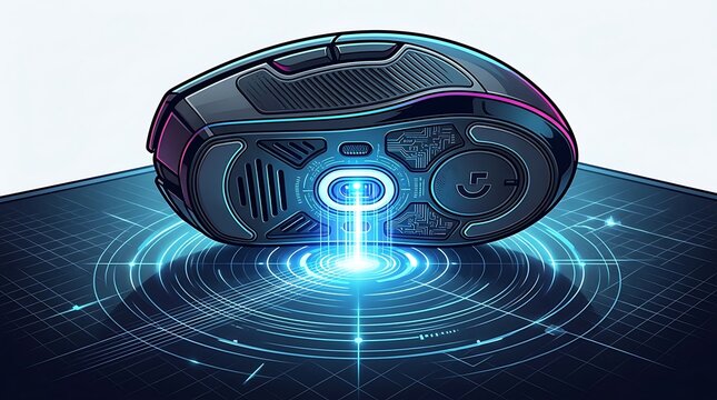 Futuristic gaming mouse with glowing optical sensor on digital grid
