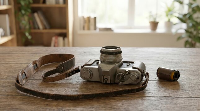Vintage film camera with leather strap and film roll on wooden table