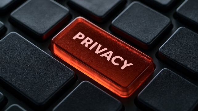 A glowing orange button marked privacy sits on a black keyboard. This image represents data protection and.