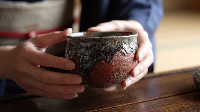 Woman holding a traditional ceramic tea bowl with textured rustic glaze. Artisan cup being presented for tea ceremony. Handcrafted pottery in japanese style.