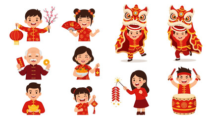 Fototapeta premium Chinese New Year Celebration - Festive Kids and Elders with Traditional Symbols