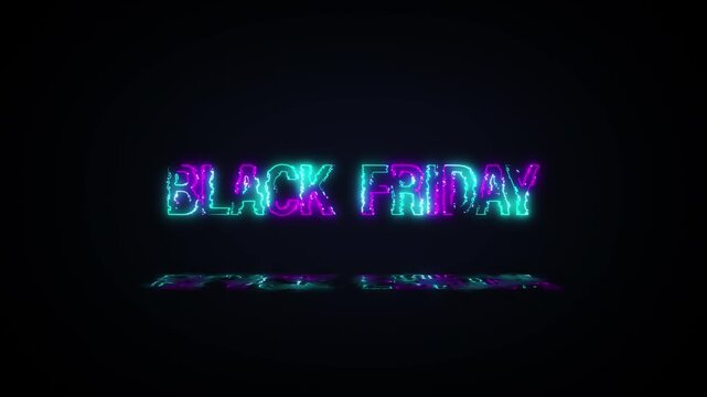 Animation text of Black Friday laser neon glitch text effect cinematic title on black abstract backgroud. Includes isolated alpha channel for transparent compositing. Exported in Apple ProRes 4444