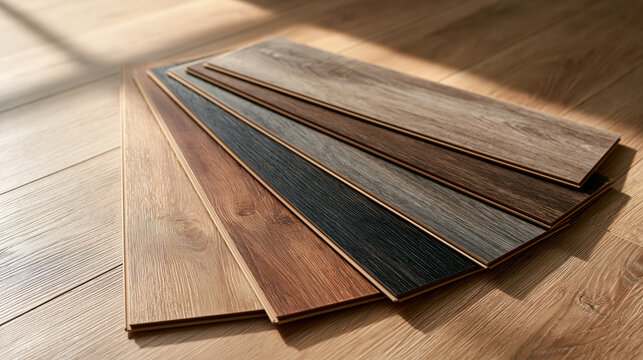 Selection of wooden laminate flooring planks arranged in a fan. Perfect for interior design and home renovation.
