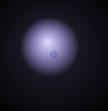 Abstract glowing purple sphere with a bright central point and radiating light rays against a dark background isolated on transparent background