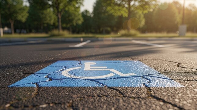 Close-up of a blue handicap parking symbol painted on cracked asphalt ground in an empty outdoor lot, representing disability access, inclusion, and public accessibility during daytime
