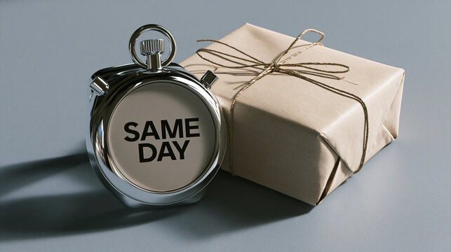 A silver stopwatch displaying same day beside a wrapped gift box. Express delivery and logistics service concept.