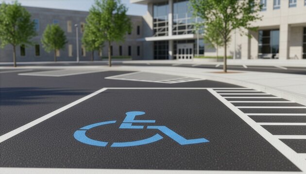 Blue handicap wheelchair symbol painted on an asphalt parking space in front of a modern public building, representing institutional accessibility, inclusion, and civil rights