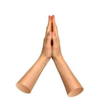 Caucasian hands pressed together in peaceful prayer pose or enthusiastic high five gesture. Natural