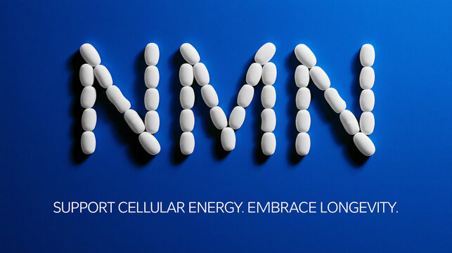 NMN letters formed by white supplement pills on blue background. Concept of healthy cellular energy and longevity.