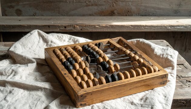 Antique Wooden Abacus with Rows of Natural and Dark Counting Beads on Cloth
