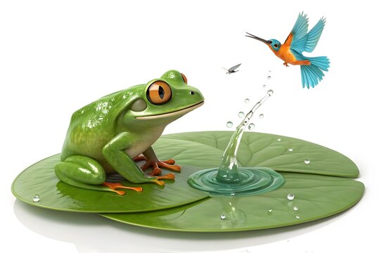 Green frog catching insect with hummingbird flying nearby on lily pad