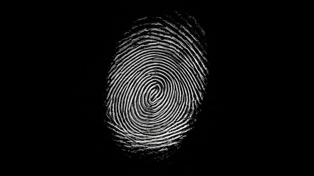 A detailed human fingerprint with whorl patterns set against a black background. Represents biometric security and.