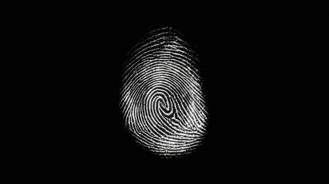 A detailed fingerprint pattern on a black background. Represents digital security and personal identification.