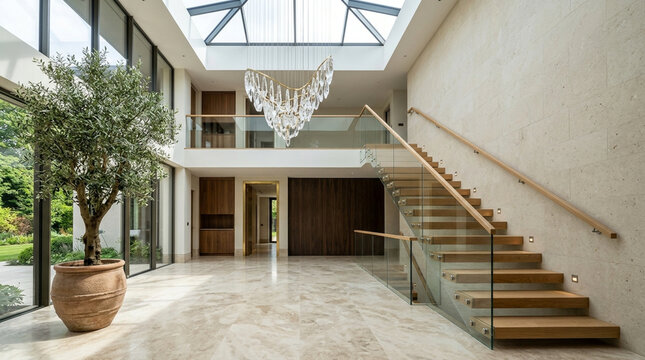 Luxurious modern interior with open staircase, atrium, and olive tree