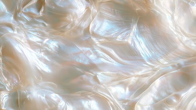 Close-up of natural mother-of-pearl shell texture with iridescent, pearlescent, and shimmering patterns in soft pastel colors