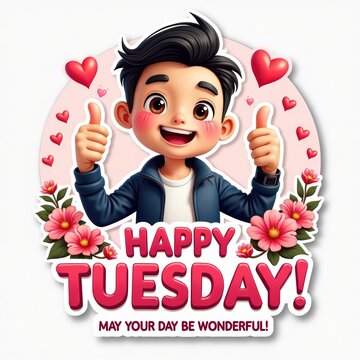 Cheerful Cartoon Boy Giving Thumbs Up with Heart and Flower Decorations for Happy Tuesday