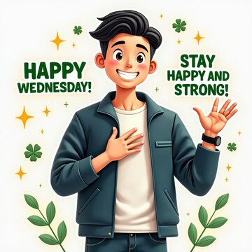 Cheerful young man celebrating midweek with positive message and festive symbols, colorful illustration