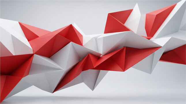 Abstract geometric sculpture features sharp red and white triangular polygons arranged in a complex three dimensional structure against white background