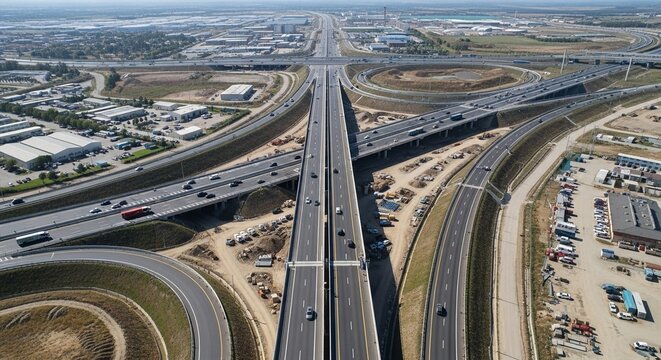 Expansive aerial view of a complex highway interchange with flowing traffic showcasing modern urban transportation infrastructure