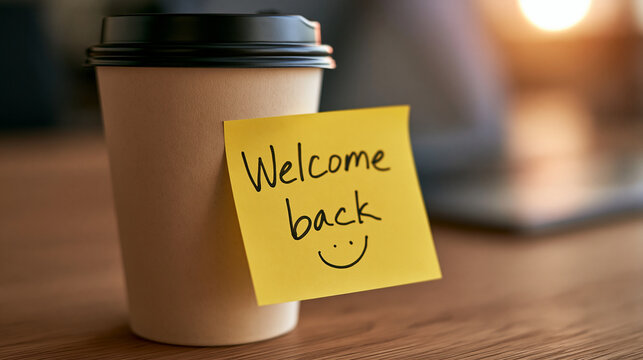 A paper coffee cup with a sticky note saying Welcome back. This represents a friendly office return greeting.