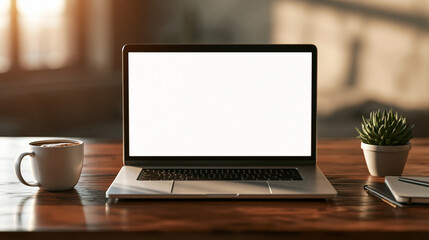 Fototapeta premium A sleek laptop with a blank screen sits on a wooden desk. Ideal for remote work, software presentations, and digital.