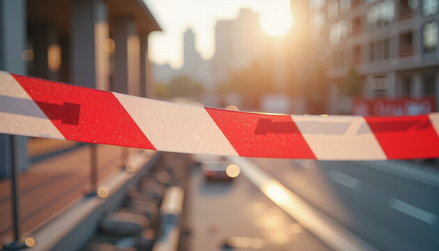 safety barrier marking restricted area with blurred city skyline in the background during sunset, concept urban safety measures