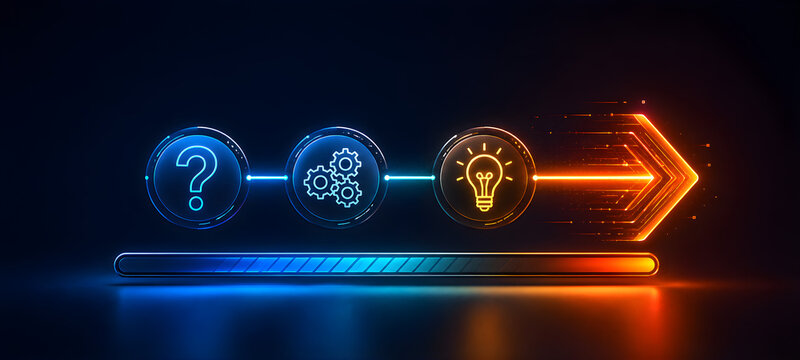 Futuristic linear process flow showing question mark gears and idea bulb leading to glowing arrow for problem solving concept

