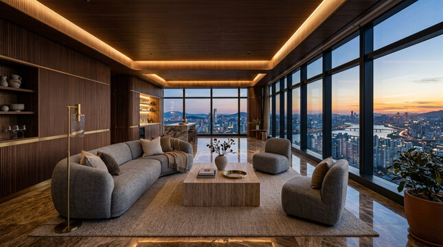 Luxury penthouse living room with city skyline view at sunset, modern interior design