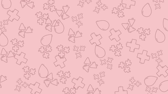 Background pattern displays soft pink symbols including crosses and water droplets for aesthetic design.