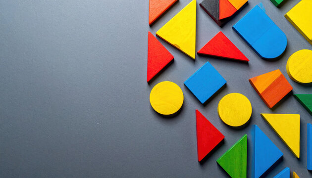 Colorful Wooden Geometric Shapes Scattered on a Gray Surface for Early Childhood Education and Play