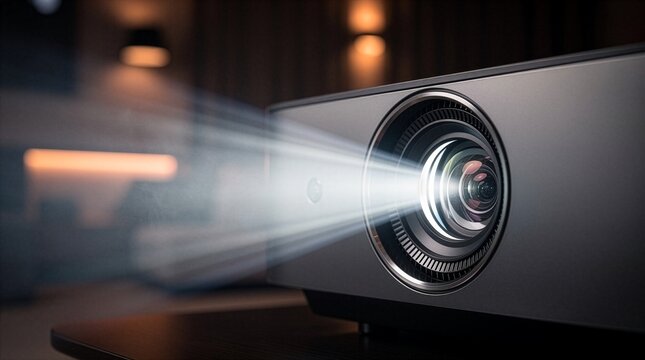 Close-up of a modern home theater projector emitting a powerful bright light beam in a dimly lit living room, representing premium home entertainment, technology, and cinema experience