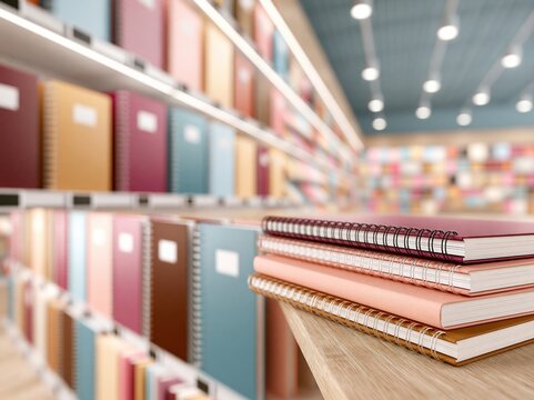 A stack of spiral bound school notebooks on a wooden shelf in a paper shop. High definition photo style. Suitable for educational materials, stationery advertising, and retail promotions.