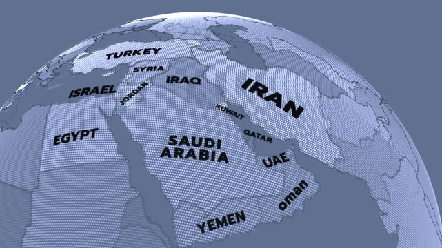 A modern 3D-style political map of the Middle East highlighting countries like Iran, Saudi Arabia, Iraq, Turkey, Israel, Yemen, Oman, Qatar, Syria, Jordan, EGYPT, UAE, middle east countries,