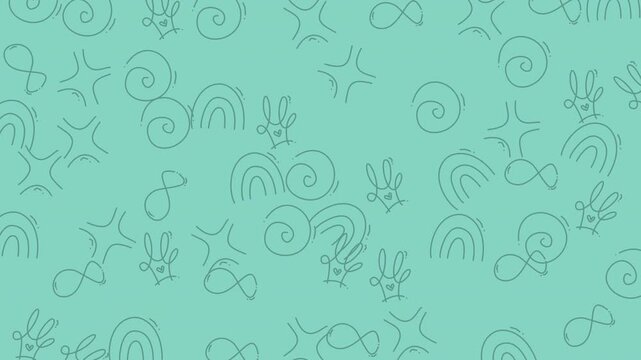 Abstract shapes and swirling lines create a whimsical seamless pattern on a soft mint green background.