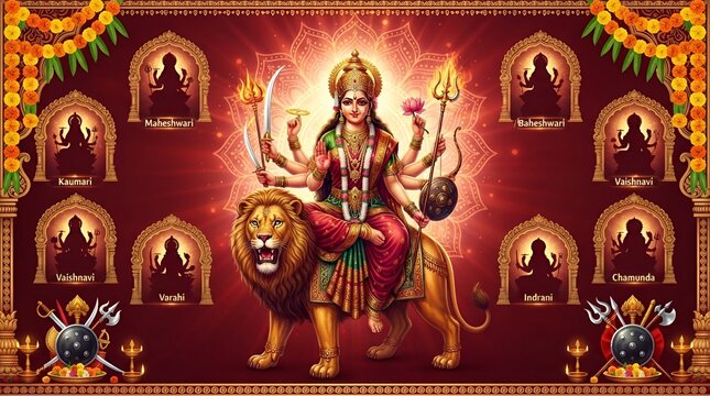 Illustration of Navadurga with Nine Forms Represented in a Traditional Style