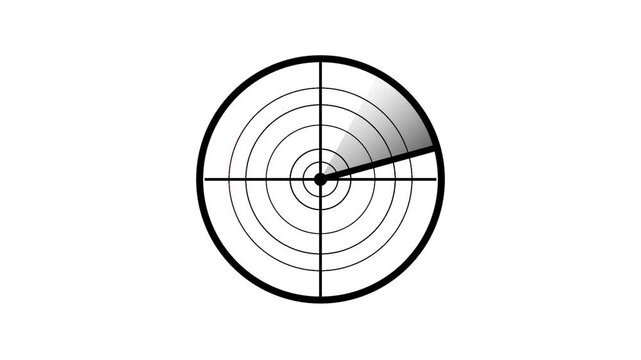 A minimalist black radar sweep rotates continuously over a circular grid target isolated on a plain white background.