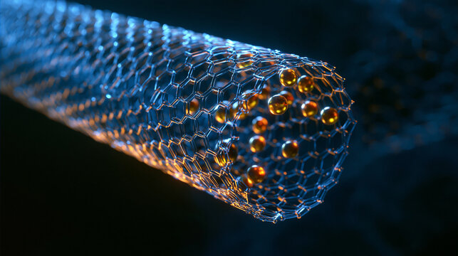 A 3D visualization of a carbon nanotube structure with glowing particles. Represents nanotechnology and advanced.