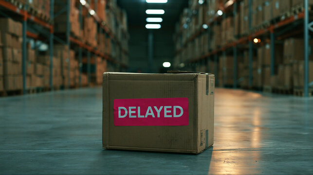 A single cardboard package sits in a dim warehouse with a bright red delayed label. Represents logistics shipping.